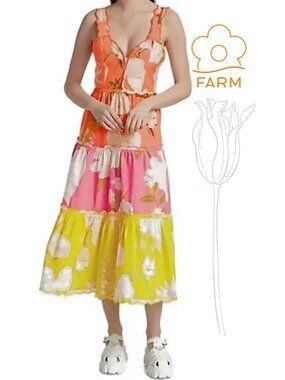 FARM RIO Mixed Neon Garden Tier Midi Dress